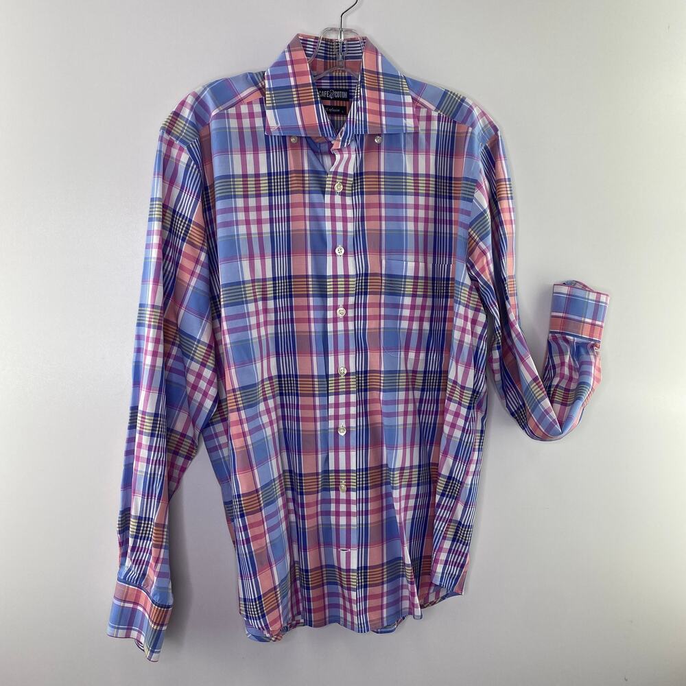 Cafe Coton Men's Shirt LARGE Pastel Plaid Button Down Madras Oxford Pink Blue